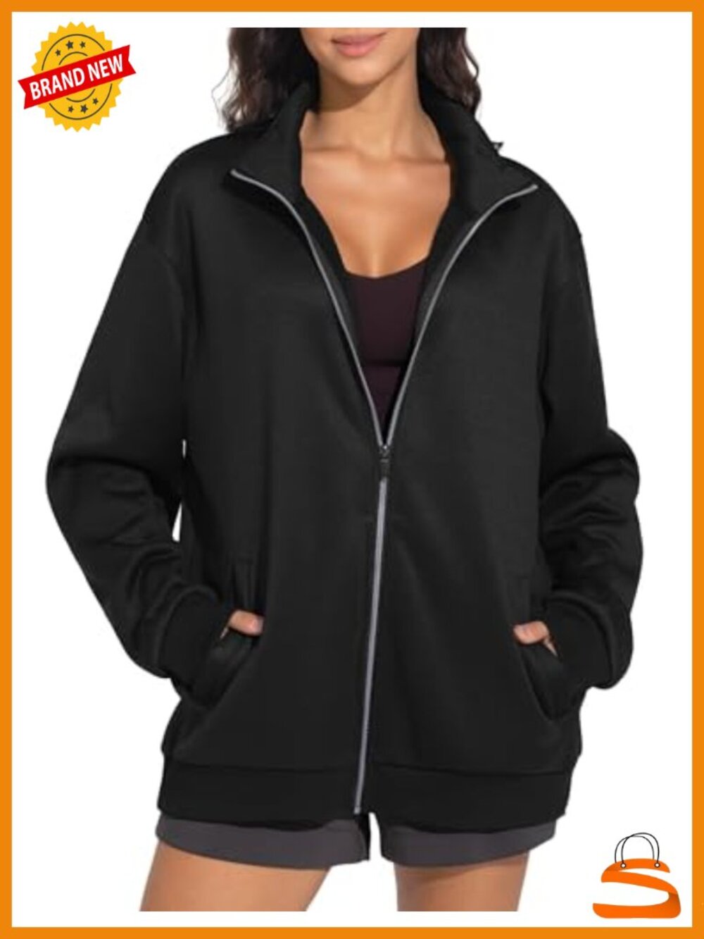 Oversized Fleece Mock Neck Full Zip Sweatshirt with Pockets